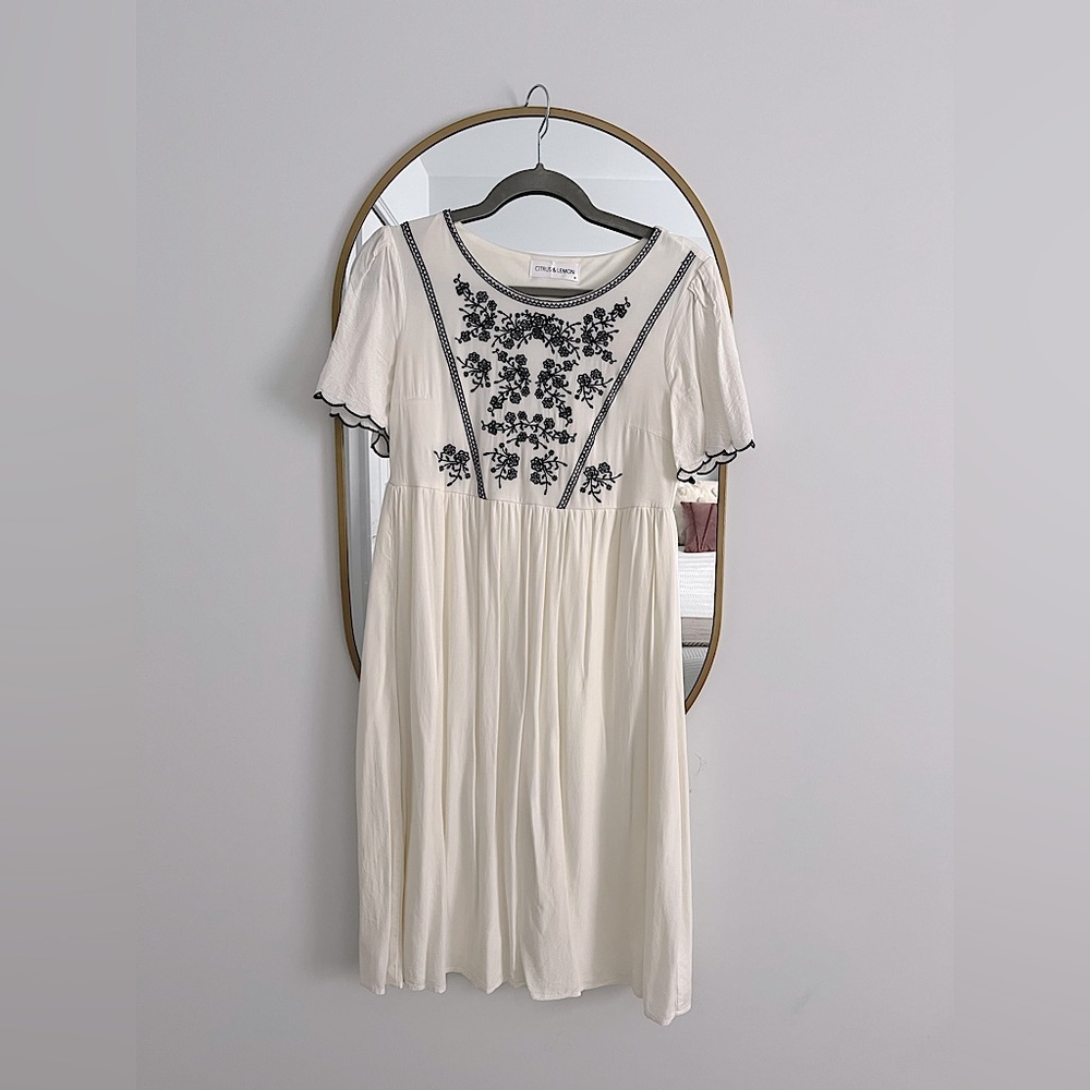 White cotton dress with embroidery- Citrus & Lemon, NWOT